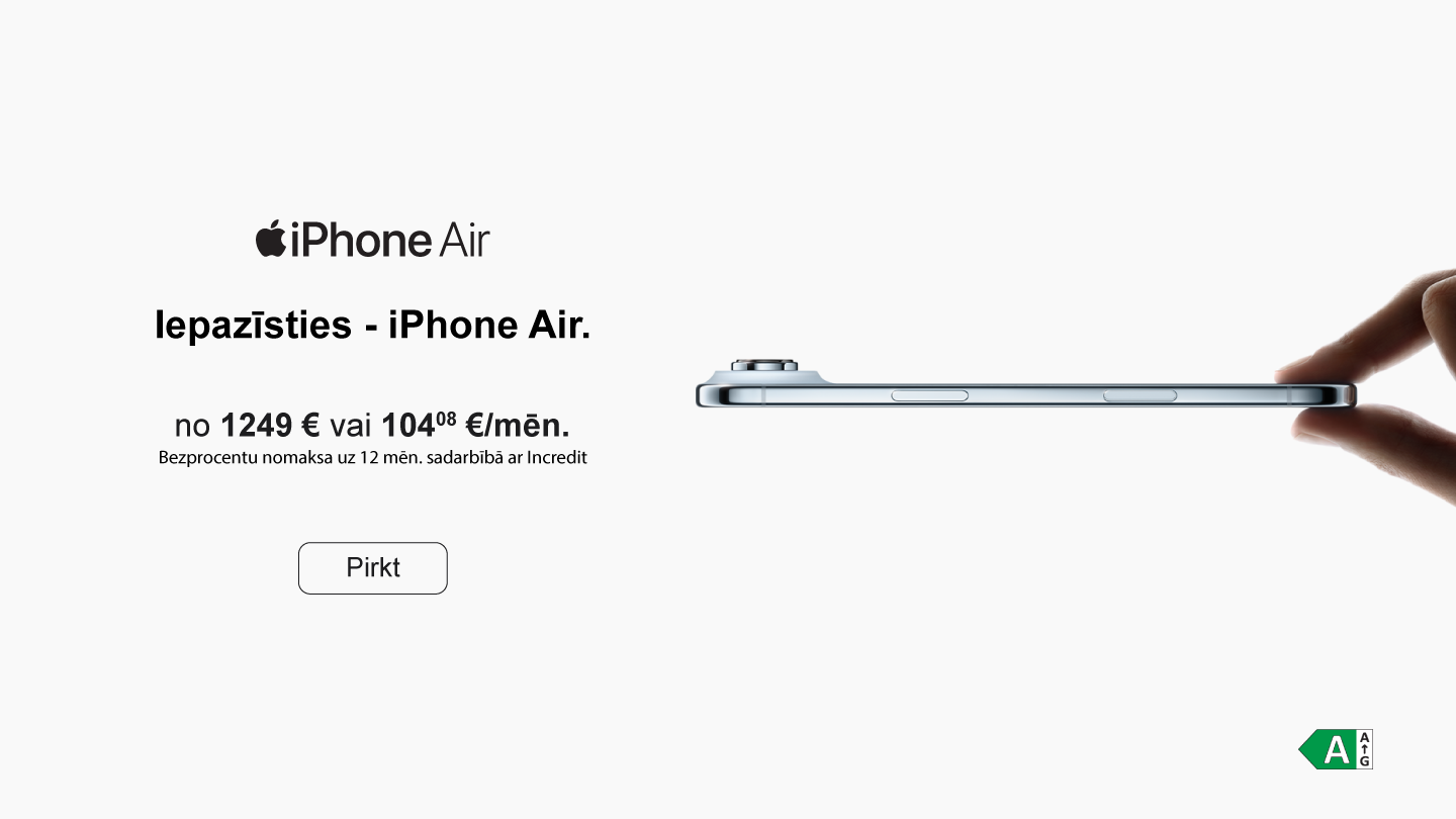 iPhone Air reklāma: ļoti plāns viedtālrunis profila skatā, turēts starp pirkstiem uz balta fona; teksts “Iepazīsties – iPhone Air”, cena no 1249 € vai 104,08 €/mēn., bezprocentu nomaksa uz 12 mēn., poga “Pirkt”.