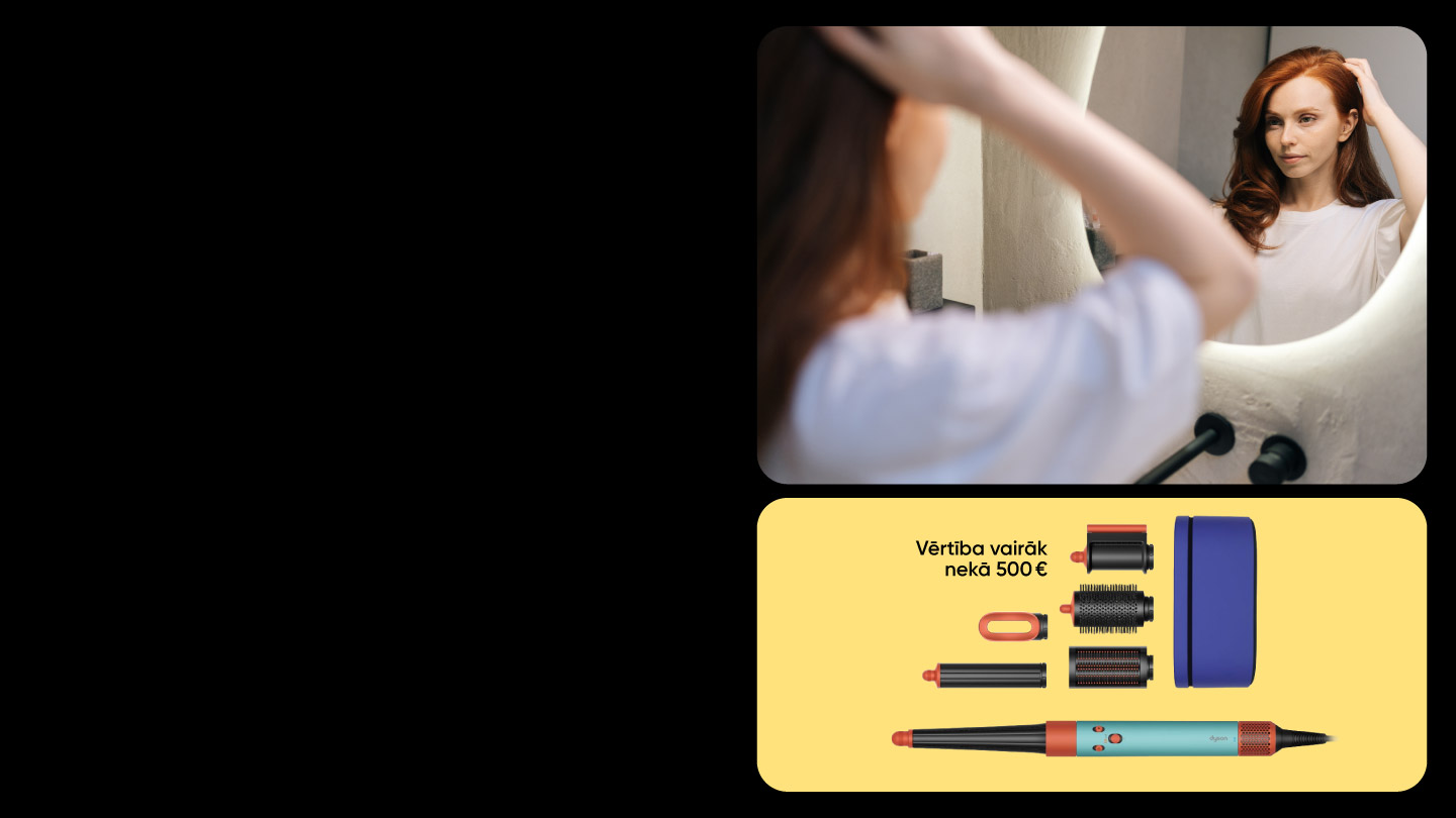 Kreisajā pusē: Dyson Airwrap matu veidotājs ar maināmiem uzgaļiem un zilu futrāli; vērtība vairāk nekā 500eur. Labajā pusē: sieviete ar gariem, tumšiem matiem un gaišā kreklā skatās uz sevi spoguļa atspulgā.