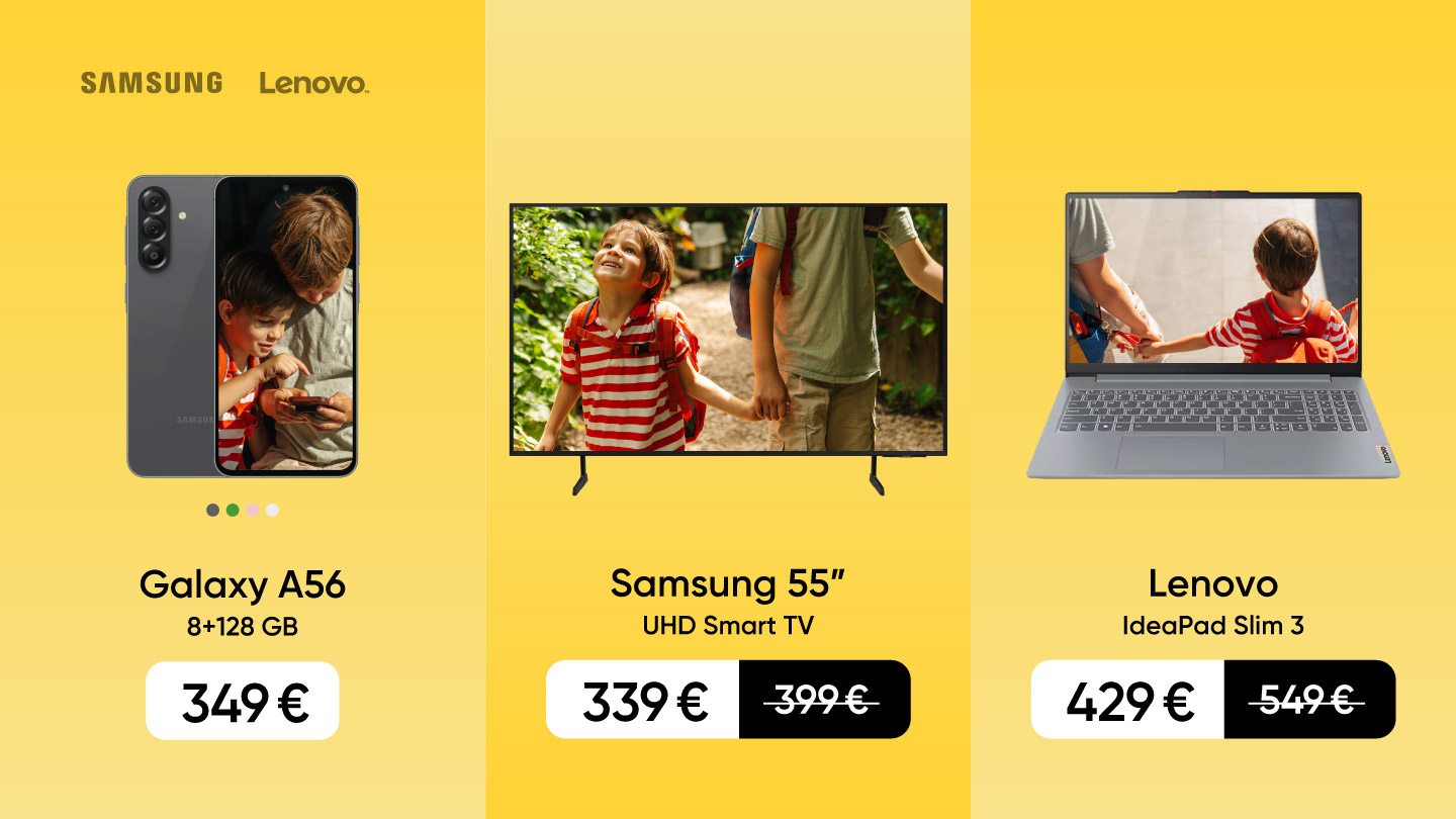 Galaxy A56 telefons 349 €. Samsung UHD viedtelevizors 55 collas 339 €. Lenovo IdeaPad Slim 3 portatīvais dators 429 €. Cena ar atlaidi.