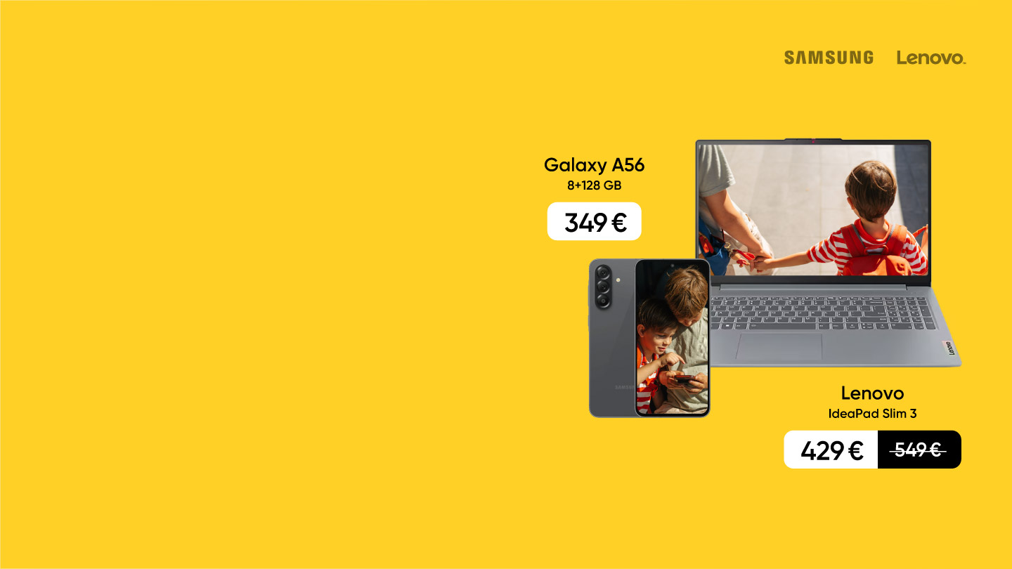 Galaxy A56 telefons 349 €. Samsung UHD viedtelevizors 55 collas 339 €. Lenovo IdeaPad Slim 3 portatīvais dators 429 €. Cena ar atlaidi.