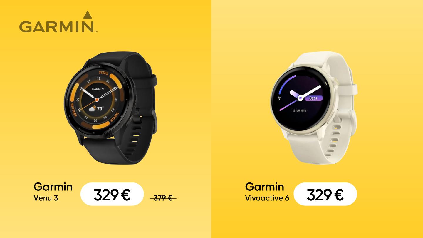Divi Garmin viedpulksteņi — kreisajā pusē melns Garmin Venu 3 ar atlaidi (cena 329 eur no 379 eur) un labajā pusē balts Garmin Vivoactive 6 par 329 eur.