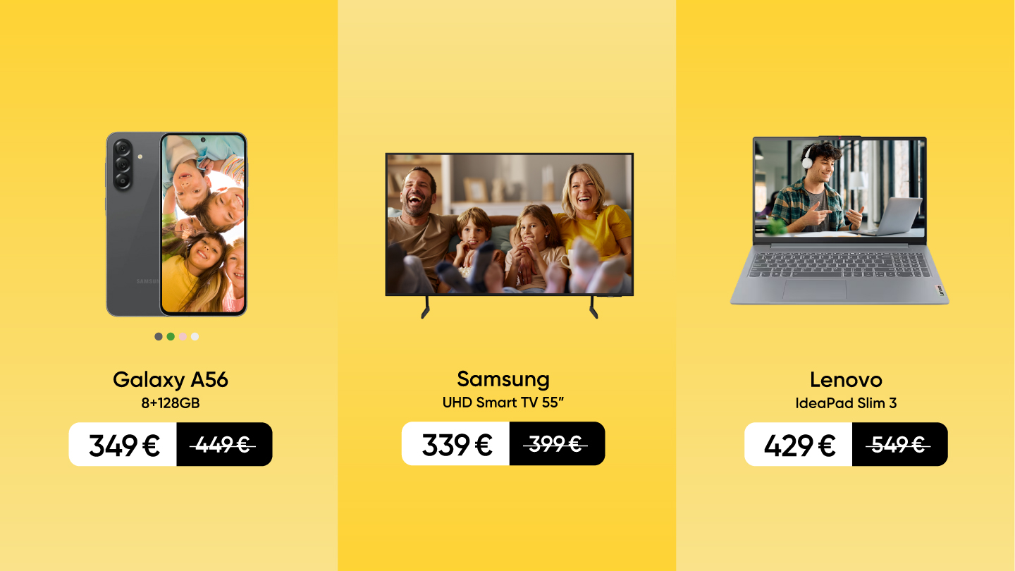 Galaxy A56 telefons 349 €. Samsung UHD viedtelevizors 55 collas 339 €. Lenovo IdeaPad Slim 3 portatīvais dators 429 €. Cena ar atlaidi.