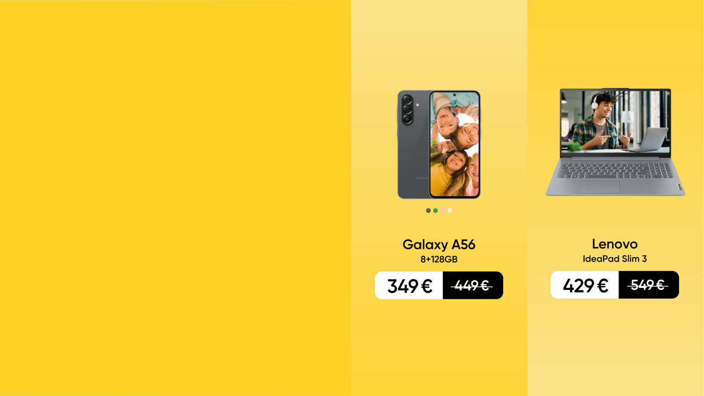 Galaxy A56 telefons 349 €. Samsung UHD viedtelevizors 55 collas 339 €. Lenovo IdeaPad Slim 3 portatīvais dators 429 €. Cena ar atlaidi.